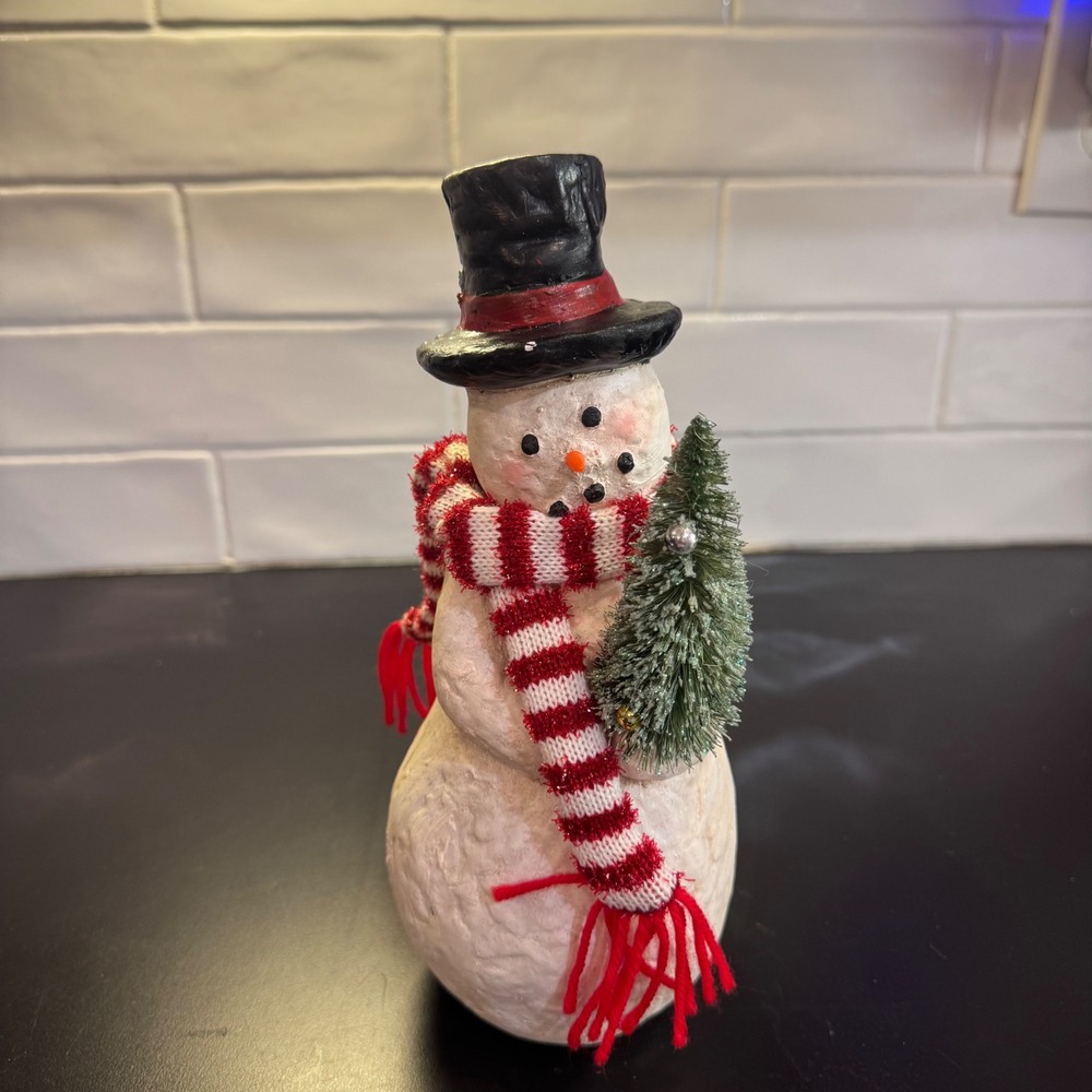 Snowman Figurine Holiday Decor 10.5in White Red Striped Scarf Bottle Brush Tree